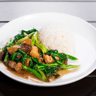 Crispy Pork Belly with Chinese Broccoli over Rice
