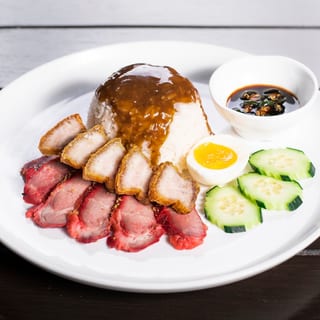 BBQ Pork & Crispy Pork Belly over Rice