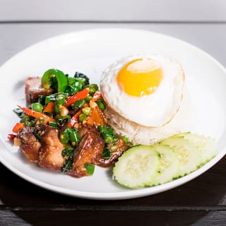 Basil Crispy Pork Belly over Rice